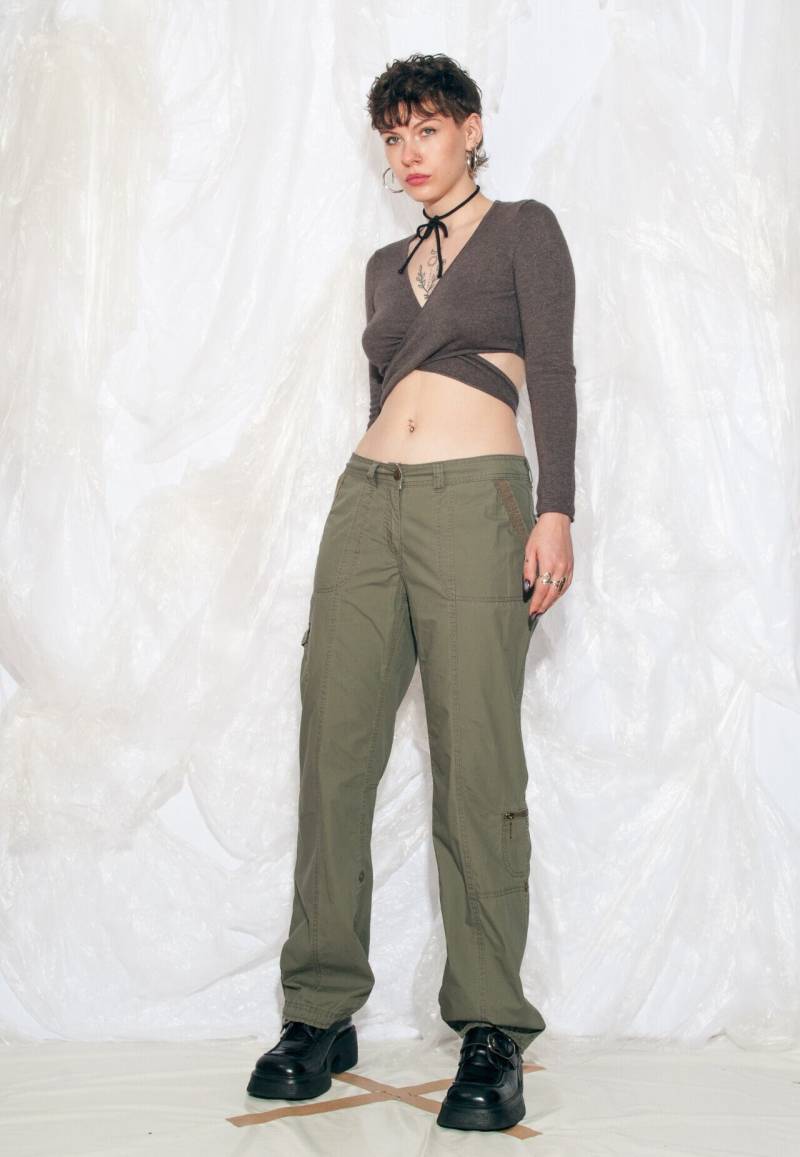 Vintage Y2K Cargohose Mit Weitem Bein in Khaki Schlamm Grün 2000Er Jahre Fairycore Grunge Pocket Techwear Hose Mittelgroß von InterzoneVntg