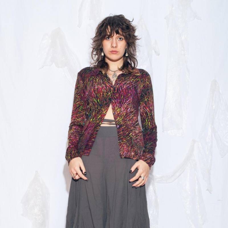 Vintage Y2K Chaos Pattern Shirt in Maroon - 2000S Techno Style Tailliertes Top Size L von InterzoneVntg