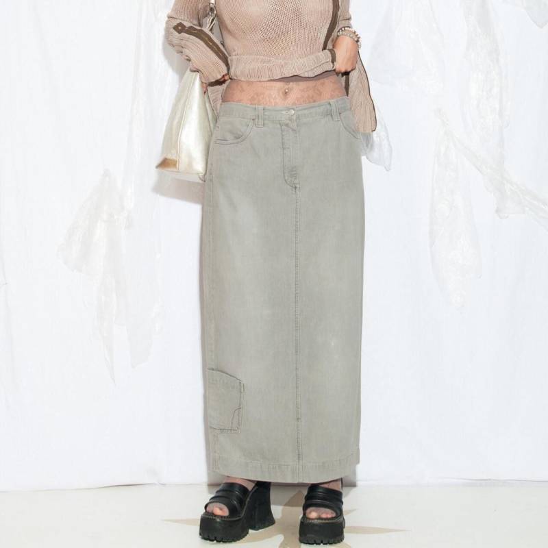 Vintage Y2K Denim Maxi Rock in Grau - 2000S Cyber Grunge Low Rise Cargo Hose Größe Xl von InterzoneVntg