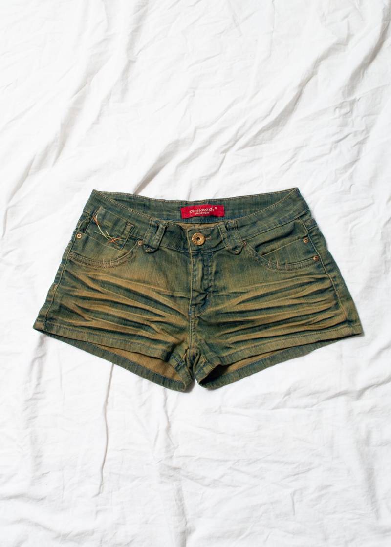 Vintage Y2K Denim Micro Shorts in Mud Wash Grün - 2000S Grunge Style Low Rise Jeans Upcycled Kleidung Größe M von InterzoneVntg