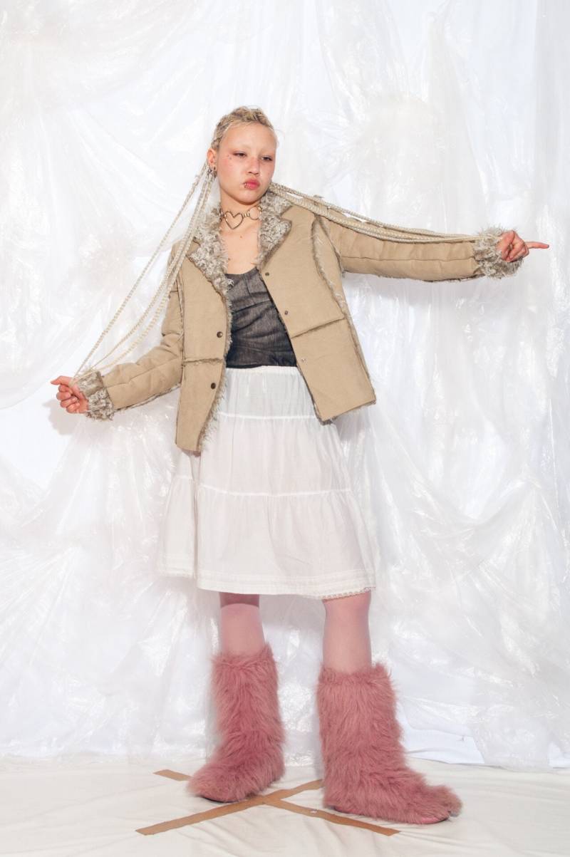 Vintage Y2K Faux Shearling Penny Lane Mantel in Beige 2000Er Jahre Kunstpelzkragen Jacke Small von InterzoneVntg