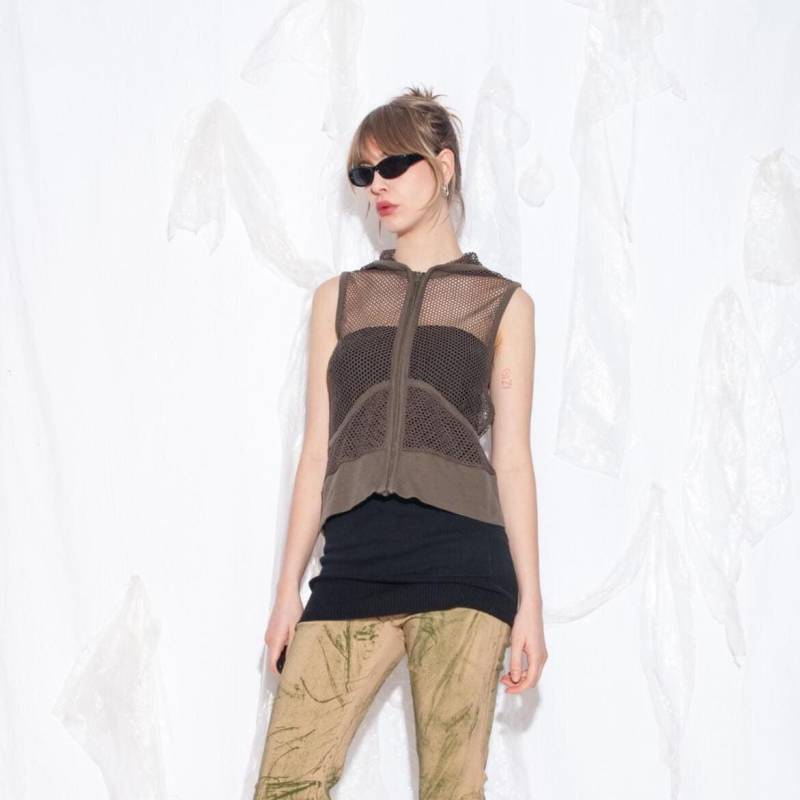 Vintage Y2K Fischnetz Top in Grau - 2000 Cyber Grunge Techno Weste Rave Party Kapuzenweste Größe S von InterzoneVntg