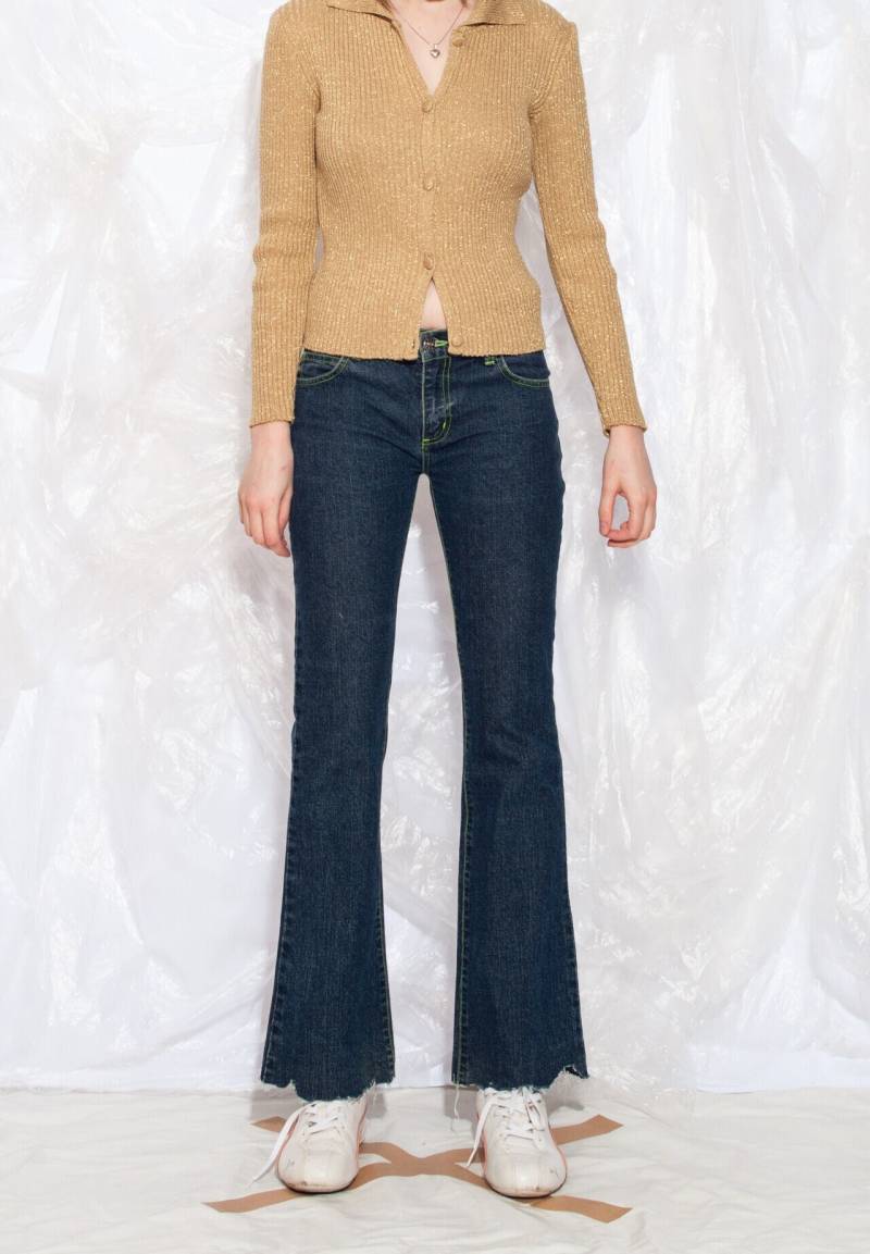 Vintage Y2K Flare Jeans in Blau Mit Shredded Saum 2000Er Jahre Whimsical Rave Low Rise Denim Bootcut Hose Fairycore Grunge Small von InterzoneVntg