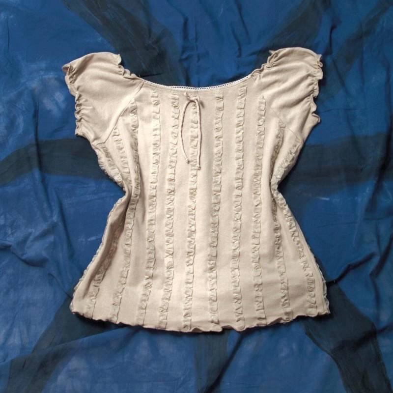 Vintage Y2K Geraffte Schleife Crop Top in Beige Grün - 2000Er Jahre Kokette Schulterfrei Bluse Kurzarm Stil Größe M von InterzoneVntg