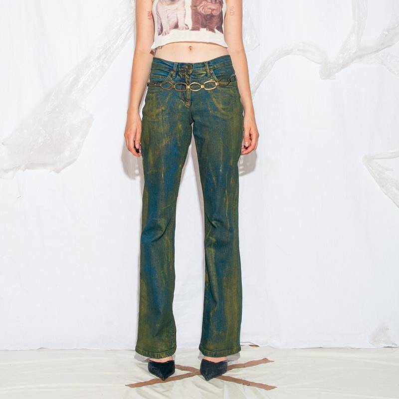 Vintage Y2K Handbemalte Flare Jeans in Blau Grün 2000Er Jahre Reworked Größe S M von InterzoneVntg