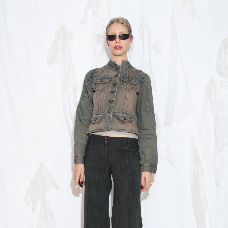 Vintage Y2K Jeans Jacke in Braun Überfärbt - 2000Er Jahre Militär Napoleon Style Blazer Reworked Grunge Mantel Größe S von InterzoneVntg