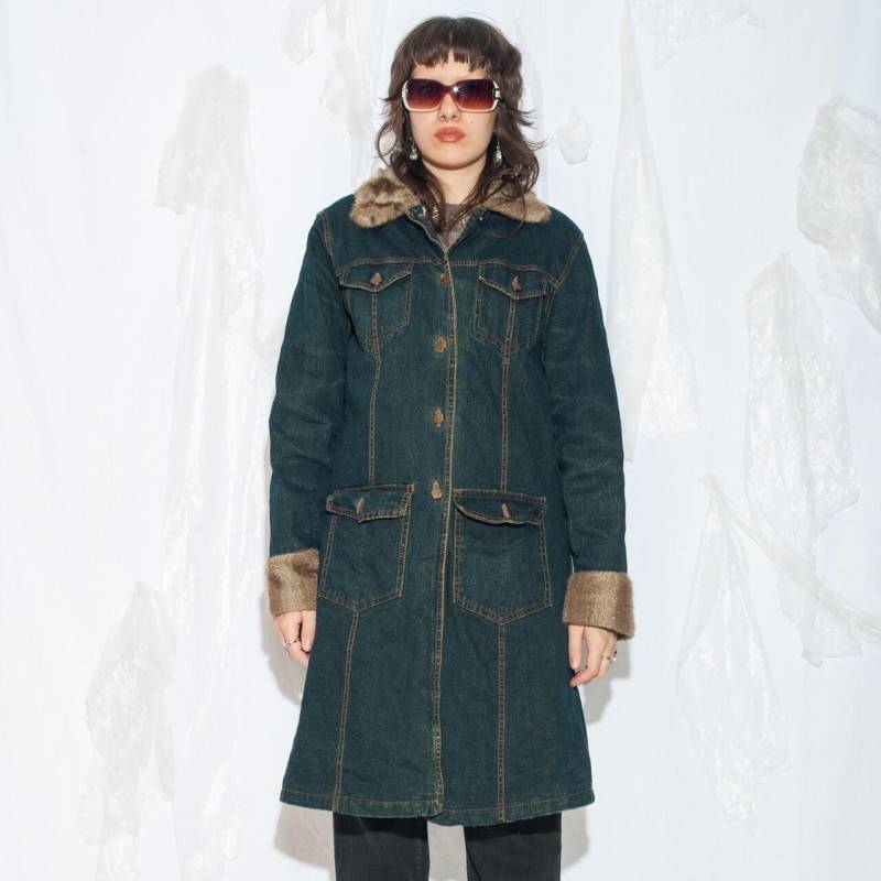 Vintage Y2K Jeans Mantel in Blau Mit Pelzkragen - 2000Er Jahre Techno Cowboy Stil Trench Penny Lane Ästhetik Size L von InterzoneVntg