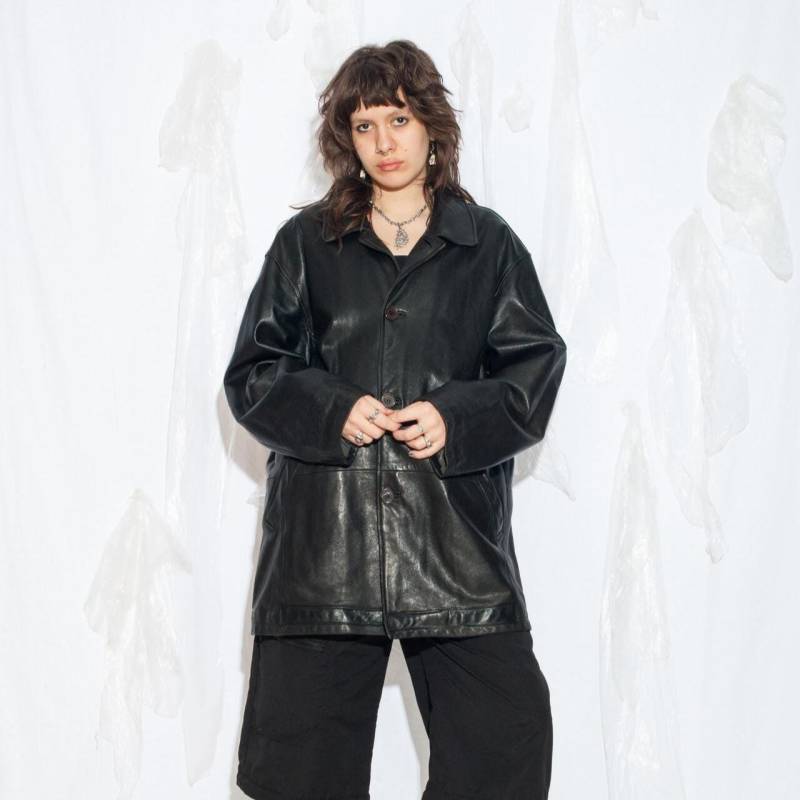 Vintage Y2K Lagerfeld Ledermantel in Schwarz - 2000Er Jahre Oversized Jacke Grunge Style Gender Neutral Mode von InterzoneVntg