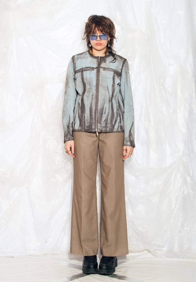 Vintage Y2K Lederjacke in Blau Überarbeitet Handbemalt 2000Er Jahre Echt Wildleder Upcycled Mantel Large von InterzoneVntg