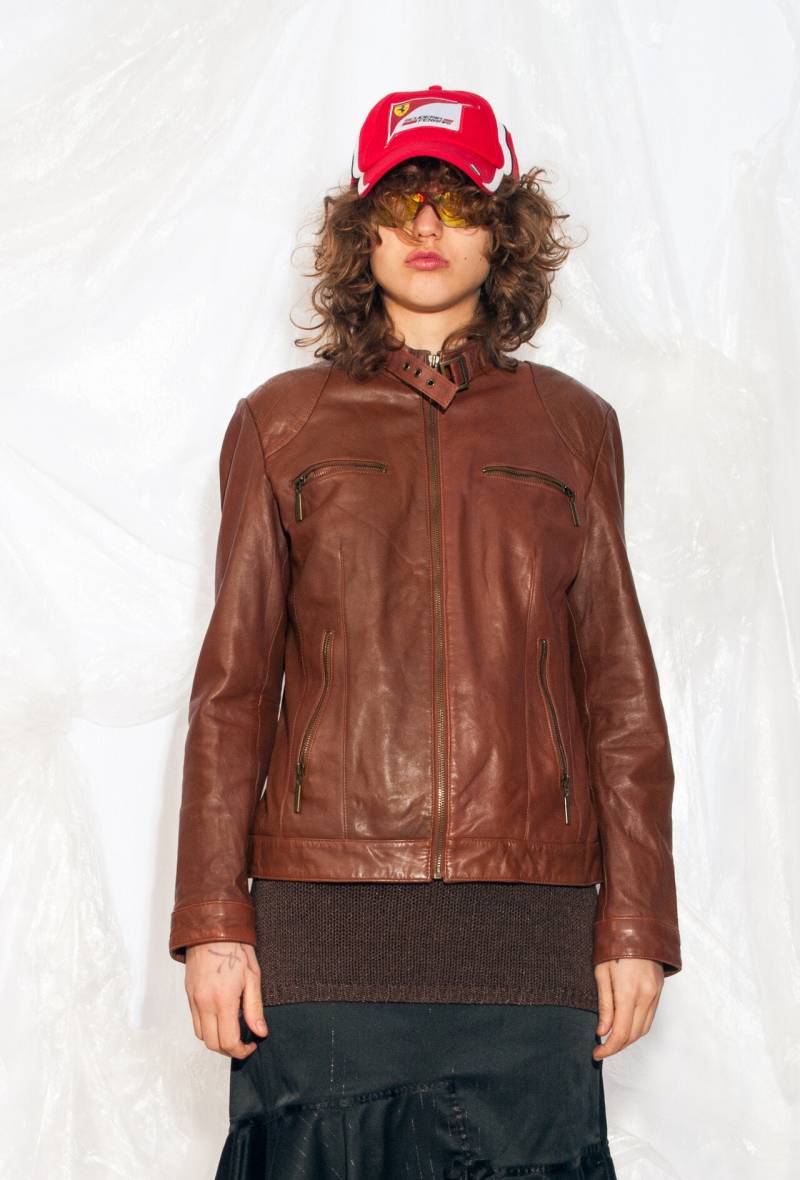 Vintage Y2K Lederjacke in Braun Racer Style 2000S Taillierte Rennjacke Large von InterzoneVntg