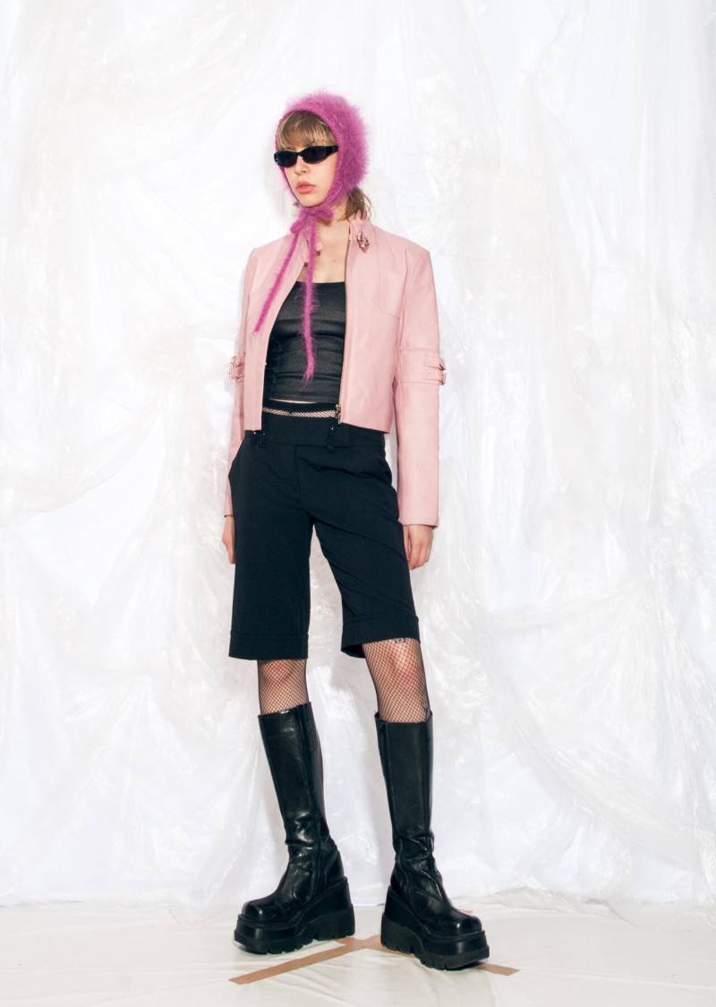 Vintage Y2K Lederjacke in Pink Racer Style Echtes Leder Isaco Racing Coat Medium von InterzoneVntg