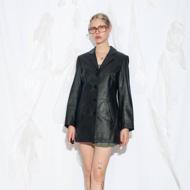 Vintage Y2K Ledermantel in Schwarz - 2000S Lange Blazer Jacke Grunge Matrix Style Größe S M von InterzoneVntg