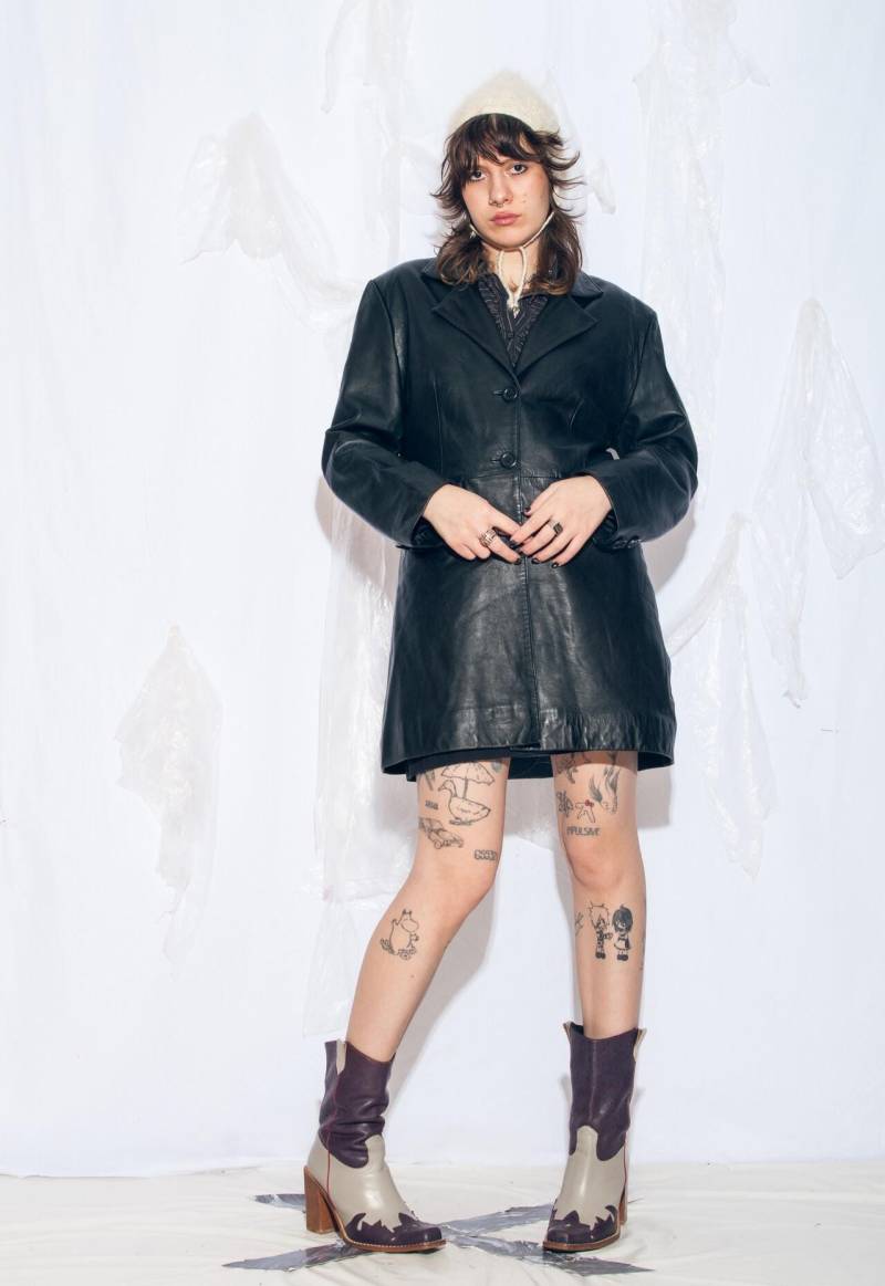 Vintage Y2K Ledermantel in Schwarz - Matrix Style Grunge Echtlederjacke 2000S Size L von InterzoneVntg