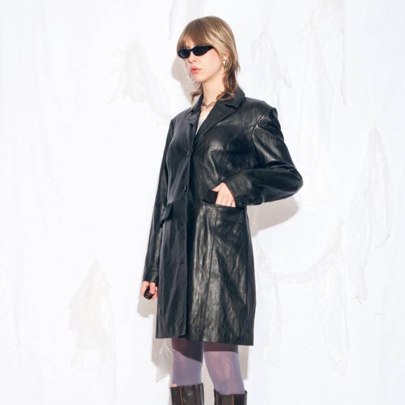 Vintage Y2K Ledermantel in Schwarz Von Fabiani - 2000S Blazer Style Long Jacket Größe L von InterzoneVntg