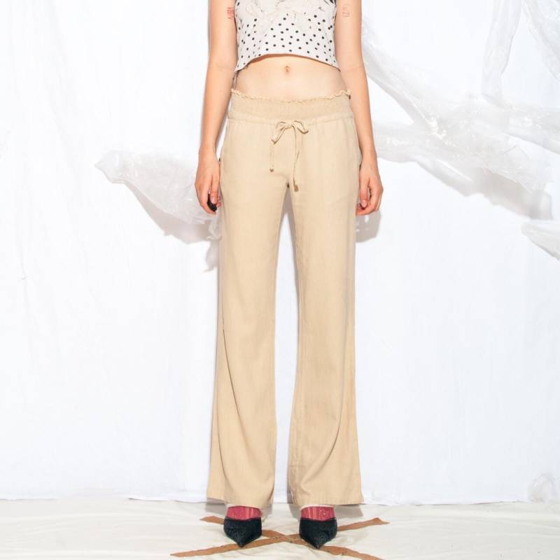 Vintage Y2K Leinenhose Mit Weitem Bein in Beige - 2000Er Sommer Sommerhose Low Rise Waist Flare Style Größe S von InterzoneVntg