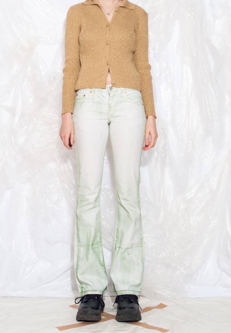 Vintage Y2K Levi's Flare Jeans in Grün Weiß Handbemalte 2000Er Jahre Reworked Flared Bootcut Rave Denim Hose Small von InterzoneVntg