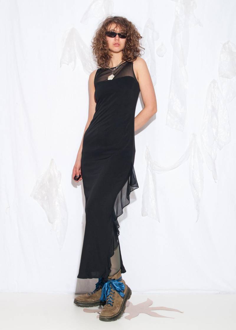 Vintage Y2K Maxi Kleid Aus Schwarzem Netzstoff - 2000Er Party Abendkleid Anlasskleid Größe M von InterzoneVntg