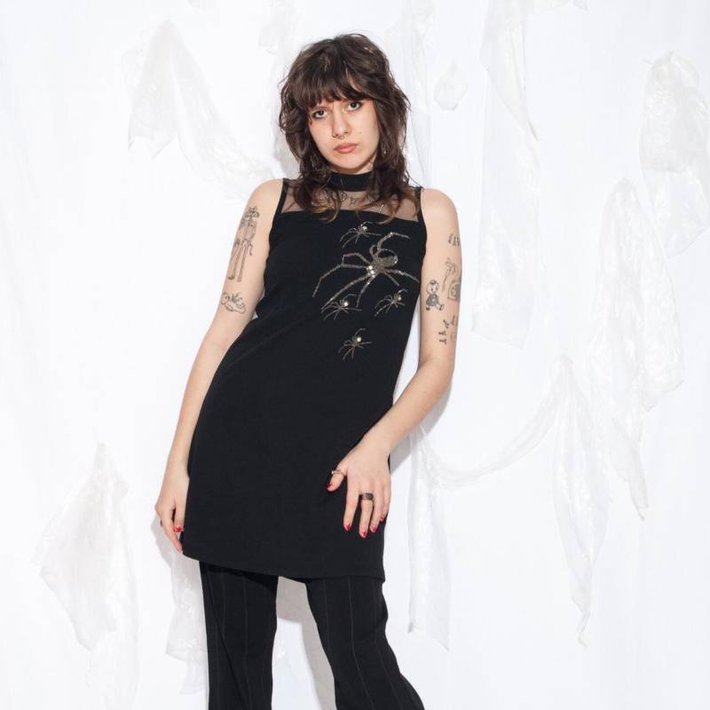 Vintage Y2K Mini Kleid in Schwarz Mit Spinnenmuster - 2000Er Jahre Whimsigoth Goth Style Halloween Party Outfit Größe M von InterzoneVntg