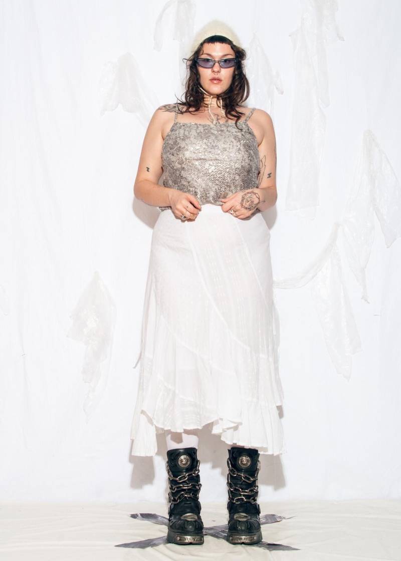 Vintage Y2K Pailletten Party Top in Silber - 2000S Fairycore Grunge Wollmischung Crop Größe L von InterzoneVntg