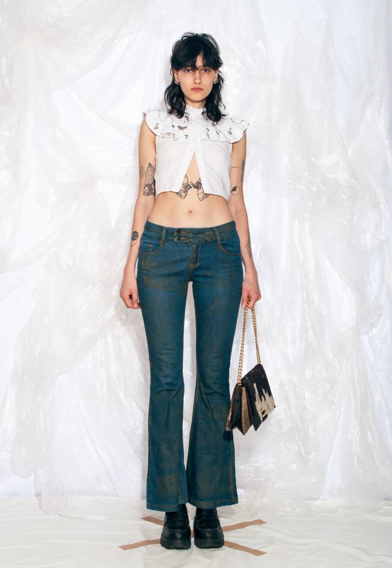 Vintage Y2K Reworked Flare Jeans in Handbemalt Grün Blau 2000Er Jahre Handbemalte Schlaghose S von InterzoneVntg