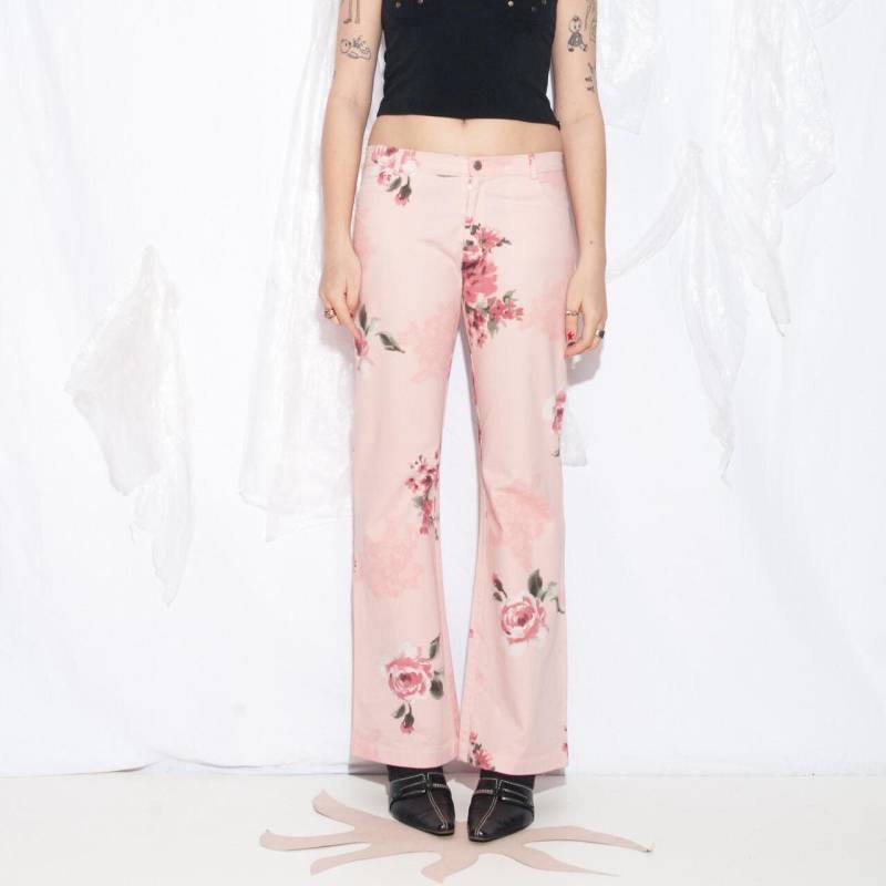 Vintage Y2K Sandro Ferrone Flares in Pink - 2000Er Jahre Rosenmuster Bootcut Hose Low Rise Jeans Größe Xl von InterzoneVntg
