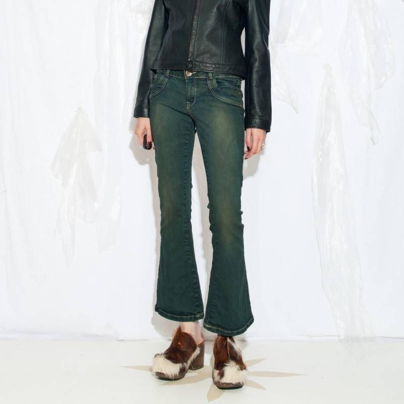 Vintage Y2K Schlagjeans in Überfärbtem Grün - 2000Er Jahre Bootcut Hose Whimsigoth Style Gr. S von InterzoneVntg