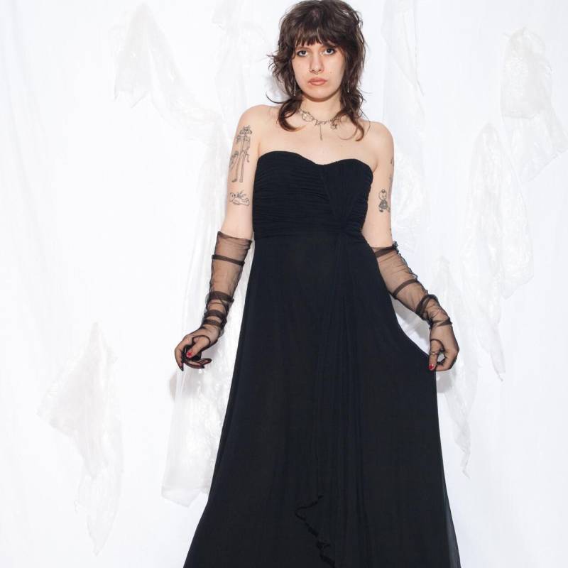Vintage Y2K Seide Maxi Abendkleid in Schwarz - 2000Er Gerüschtes Rüschen Whimsigoth Gothic Kleid Occassionwear Größe L von InterzoneVntg