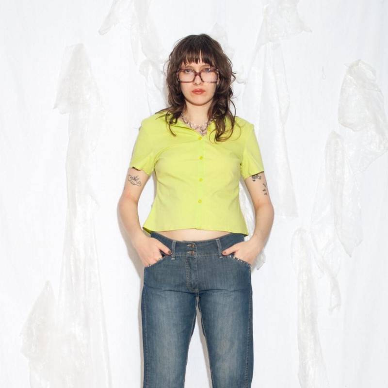Vintage Y2K Slim Fit Bluse in Neon Grün - 2000S Fitted Office Siren Top Shirt Mit Knöpfen Größe M L von InterzoneVntg