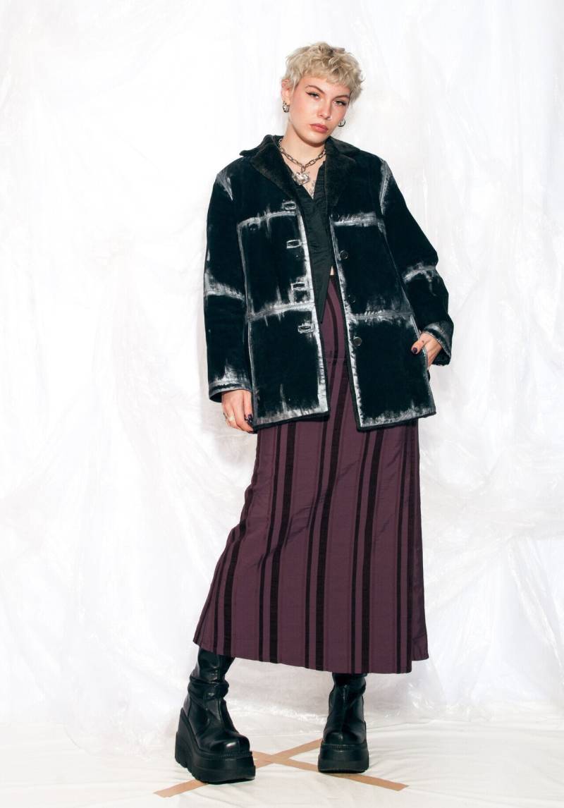 Vintage Y2K Winter Ledermantel 2000Er Jahre Überarbeitet Handbemalt Schwarz Kunstpelz Kragen Echt Wildleder Whimsigoth Jacke Medium von InterzoneVntg