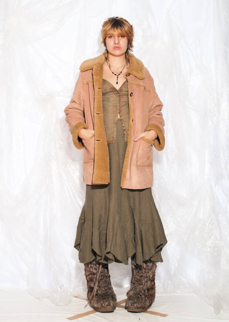 Vintage Y2K Wintermantel in Braun Faux Shearling 2000S Kunstpelzkragen Oberbekleidung Teddymantel Fairycore Penny Lane Coat Extra Large von InterzoneVntg