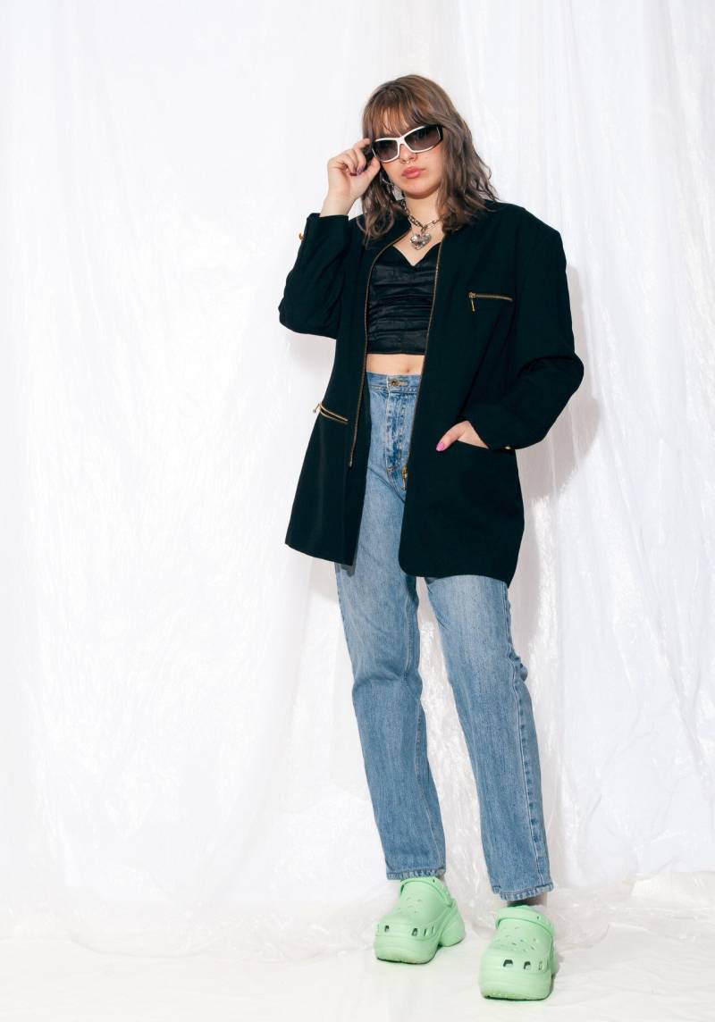 Vintage Zip Blazer Jacke 90Er Jahre Oversized Langer Schwarzer Mantel 1990Er Boxy Fit Chunky Coatie Grunge von InterzoneVntg