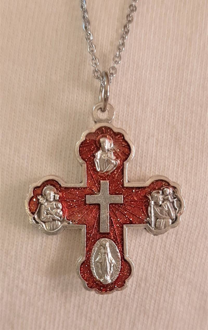 Funkelnd Rot Fertige Kleine-Bis-Mittelgroße 4-Wege-Truncated Scapular Kreuz Medaille Christliche Devotionalie Silberfarbene Halskette von Inthepalmofhishand