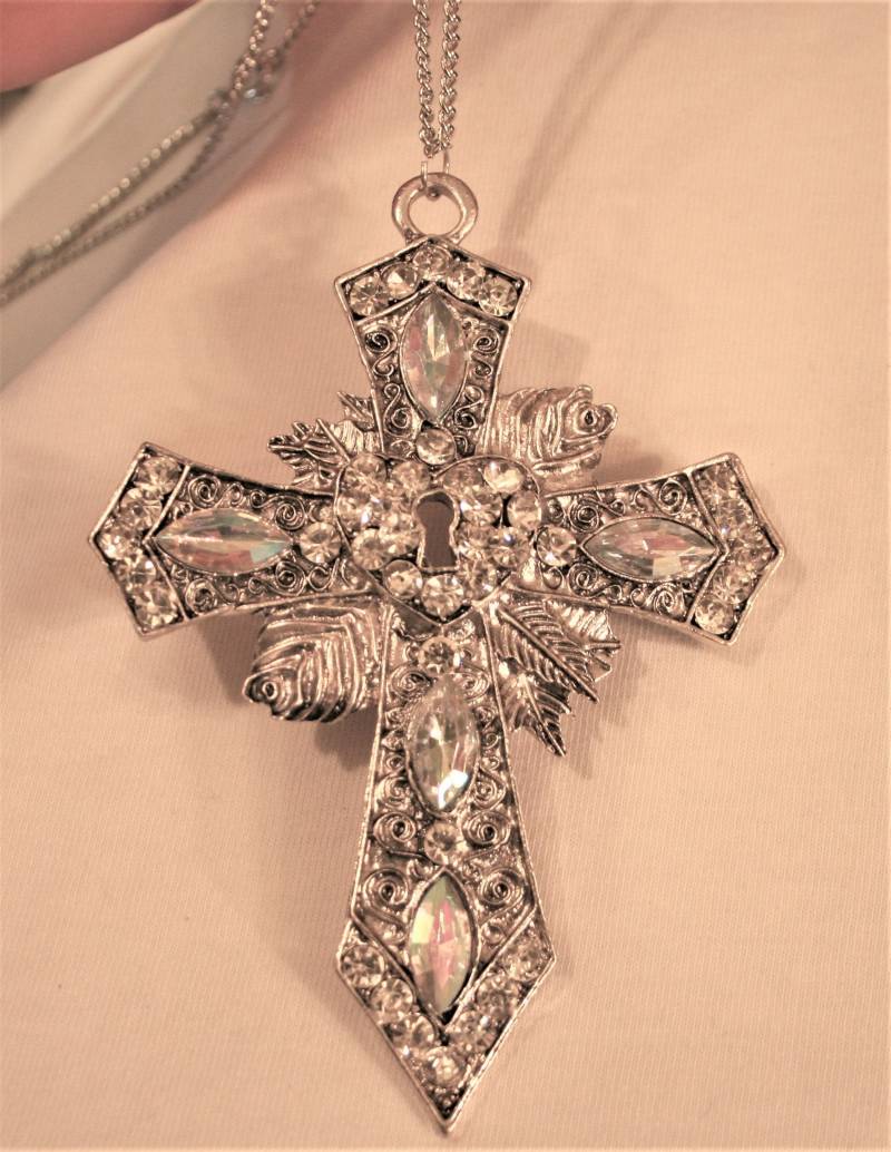Große Funkelnde Silberfarbene Schlüssel Zu Meinem Herzen Weiße Strass Pectoral Kreuz Anhänger Halskette Christian Religious von Inthepalmofhishand
