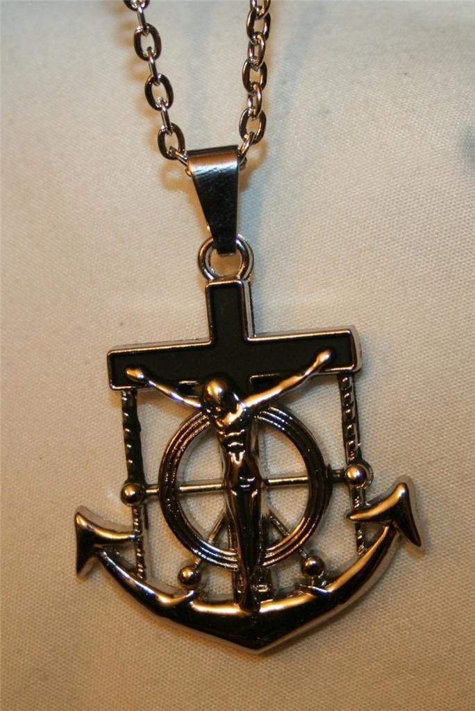 Gut Aussehende Glänzende Durchbrochene Edelstahl Jesus Mein Anker Schwarz Emaillierte Kruzifix Kreuz Silvertone Anhänger Halskette von Inthepalmofhishand