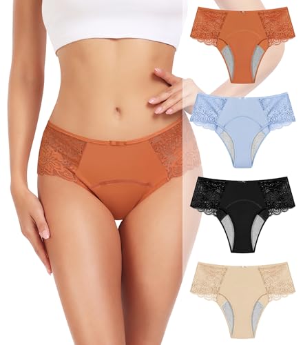 Intiflower Periodenunterwäsche für Frauen Auslaufsichere Periodenhöschen Spitze Menstruationsunterwäsche Atmungsaktiv & Weich, 4 Mittlere Taille Nackt+schwarz+orange+blau, M von Intiflower