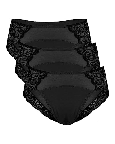 Neione Damen Periodenunterschwäsche Perioden Unterwäsche Menstruation Unterhosen Periodenslip mit Spitze Hipster Slip Große Größen 3er Pack Schwarz 3XL von Neione