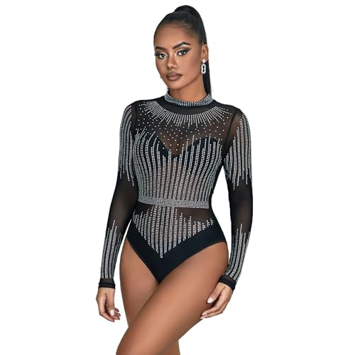 INTIMAX CORSETS LENCERIA Y MODA Damen Transparente Strass Mesh Langarm Schwarz L-XL Shapewear Ganzkörper-Body, X-Large von Intimax