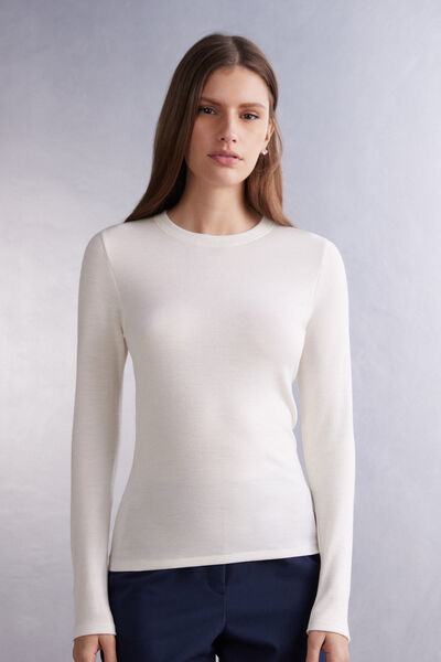 Langärmeliges Rundhalsshirt Wool & Cotton Elfenbein von Intimissimi