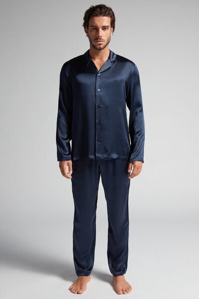 Langer Seidenpyjama Mit Paspel Blau von Intimissimi