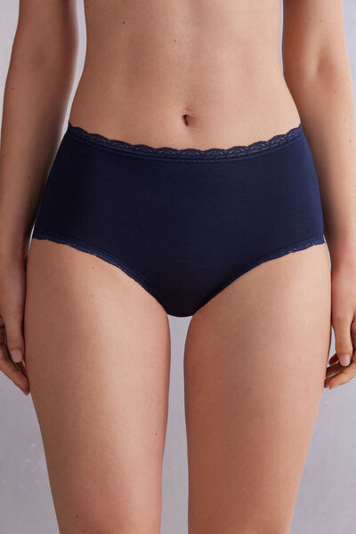 Panty Mit Hohem Bund Aus Baumwolle Und Spitze Blau von Intimissimi