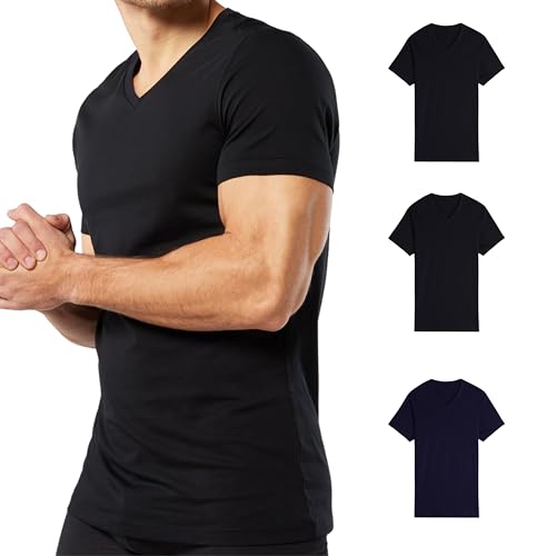 Intime-Shirts für Herren, Baumwolle, V-Ausschnitt, 3er-Pack, Baumwolle, kurzärmelig, Weiß und bunt, IRM2, 2 Schwarz 1 Blau, 58 Intime-Shirts für Herren, Baumwolle, V-Ausschnitt, 3er-Pack, Baumwolle, kurzärmelig, Weiß und bunt, IRM2, 2 Schwarz 1 Blau, 58 von Intimitaly