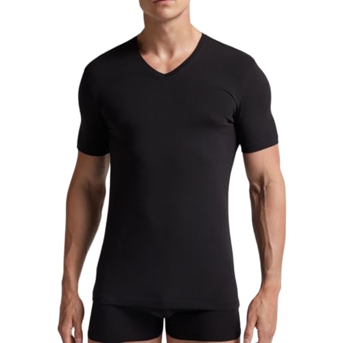 Liabel - Thermo-Shirt für Herren (2er-Pack), Thermo-Baumwolle für den Winter, Interlock-Gewebe, V-Ausschnitt und Rundhalsausschnitt, Schwarz und Weiß, Schwarzer V-Ausschnitt, Medium von Intimitaly