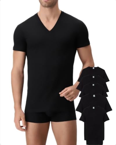 Intimo College 5/12 Herren-Unterhemd aus Reiner gekämmter Baumwolle, hergestellt in Italien, atmungsaktiv, V-Ausschnitt und Rundhalsausschnitt, 5 Stück Schwarz V-Ausschnitt, 56 von Intimo College