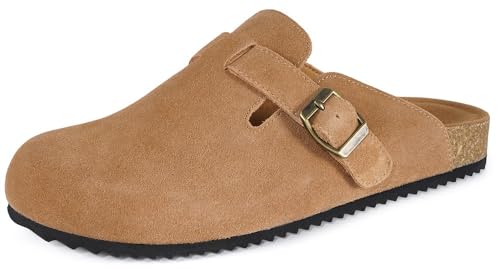 Clogs Damen Herren Hausschuhe mit Fußbett Leder Pantoffel Geschlossene Gartenschuhe Bequeme Sommer Sandalen Latschen Hellbraun 41 von Intini