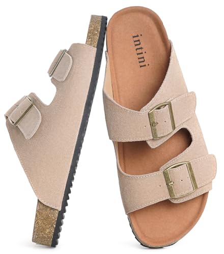 Intini Damen Herren Kork-Fußbett Slide Sandalen Wildleder Flache Sandalen Fußgewölbeunterstützung Slip on Sommer Offene Zehen Outdoor Hausschuhe mit verstellbarer Schnalle, Helles Braun, 10 Women/9 von Intini