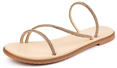 Intini Damen Knöchelriemchen Flache Sandalen Offene Zehen One Band Sommersandalen, Strass Khaki, 38 EU von Intini