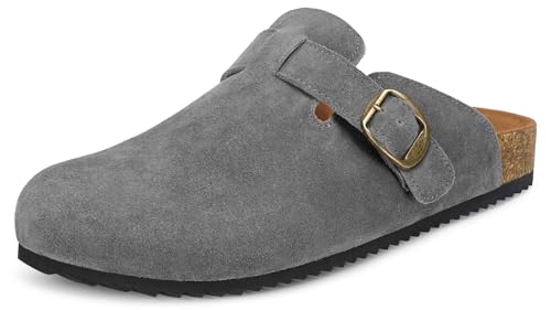 Intini Pantoletten Damen Hausschuhe Geschlossen Clogs Herren mit Fußbett Leder Gartenschuhe Latschen Bequeme Weiches Grau 37 von Intini