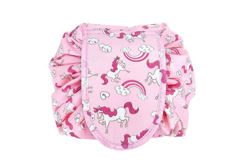 Intirilife Kosmetiktasche (Kulturbeutel mit Kordelzug in ROSA WEISSE PFERDE, 1-tlg), Runder One Step Kosmetikbeutel Kosmetiktasche von Intirilife