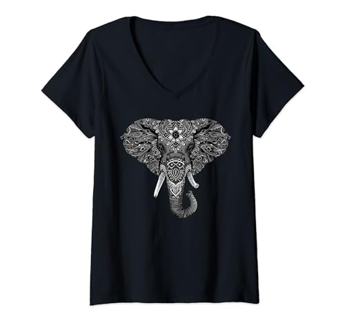 Damen Schwarz-Weiß-Mandala-Elefant, Bohemian-Kunst-Design T-Shirt mit V-Ausschnitt von Intricate Floral Wildlife Art and Bohemian Designs