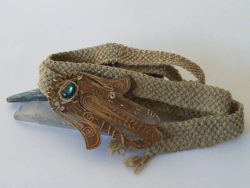 Hanf Makramee Gürtel Mit Einzigartiger Hand Von Fatima Gürtelschnalle, Hamsa Labradorit Lünette in Kupfer Silbernen Draht Akzenten von IntrinsicElementz